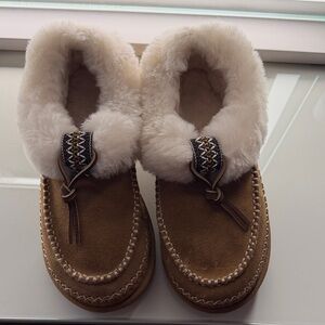 UGG Brown Suede Slippers with Cream Plush